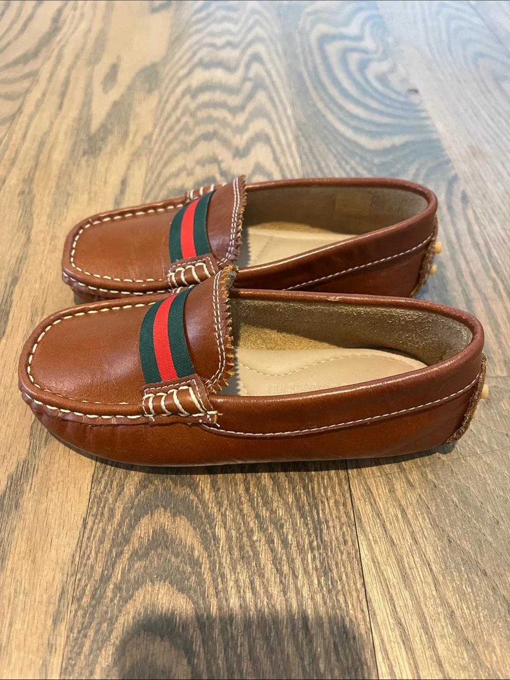 Brown Leather Kids Loafers with Green & Red Stripe